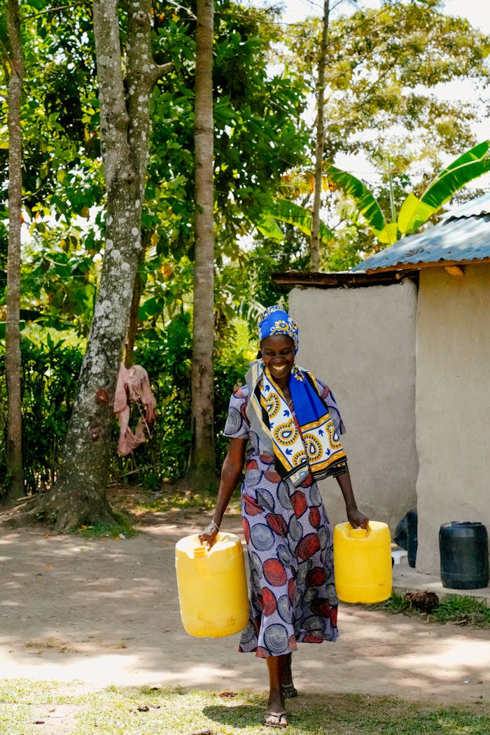 Smiling African woman carrying yellow water containers outdoors near a rural home under bright day.